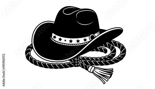 A cowboy hat icon with a rope and star band illustration