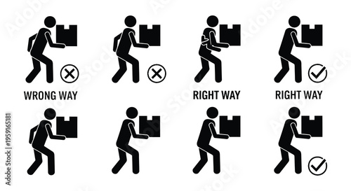 Stick figures demonstrate correct and incorrect box lifting techniques