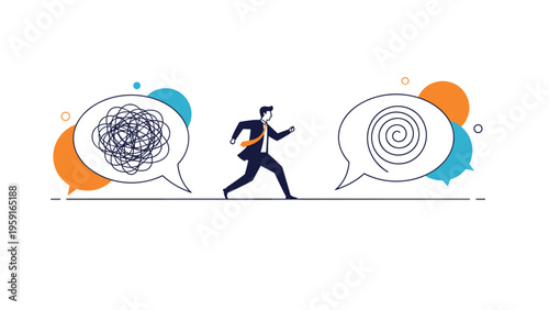 Businessman running along a path from a speech bubble filled with tangled lines toward a bubble with a structured spiral shape.