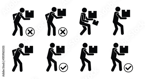 Stick figures demonstrate correct and incorrect box lifting techniques