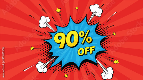 Vibrant comic book style promotional banner featuring ninety percent off text in yellow inside a blue burst over red rays.