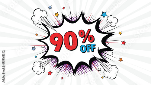 Bright comic book style promotional burst featuring ninety percent off text in red inside a white cloud over grey rays.