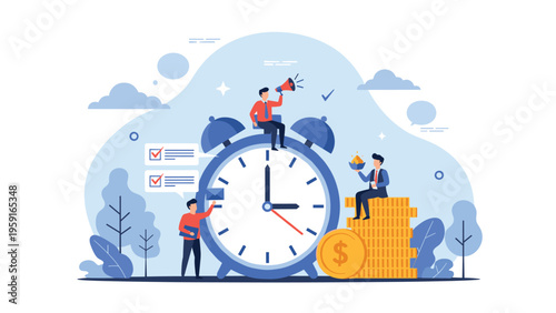 Small people working together around a giant blue alarm clock representing time management, deadlines, and business efficiency.