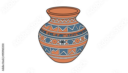 A colorful clay vase with a traditional tribal design and pattern