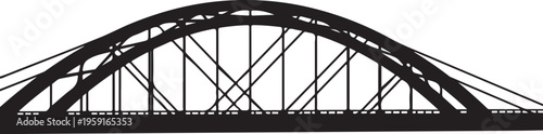 Industrial arched bridge silhouette vector, black steel truss bridge icon, architectural metal structure for civil engineering and urban design