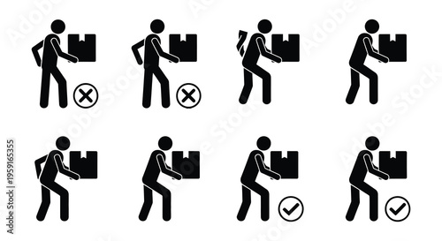 Stick figures demonstrate correct and incorrect box lifting techniques