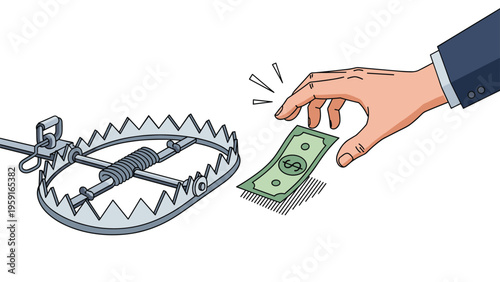 Human hand reaching out to grab a green dollar bill placed as bait inside a dangerous metal bear trap on white.