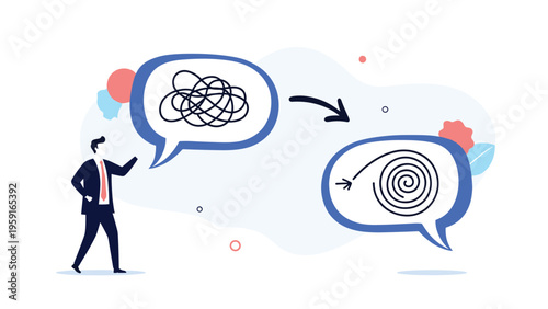 Businessman standing before two speech bubbles with a black arrow showing the transition from tangled confusion to a neat spiral.
