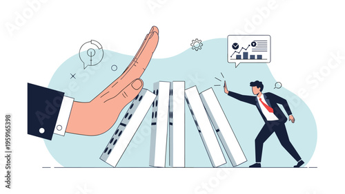 Giant corporate hand intervening to stop a falling line of dominoes before they hit a smaller businessman in a suit.