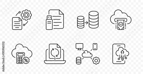 Cloud data set icon. File settings, usb document, database migration, cloud payment, calculator finance, sync backup, network system