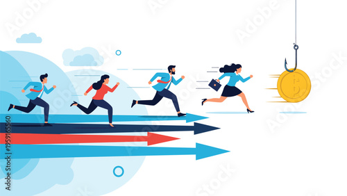 Business people race along directional arrows toward a giant Bitcoin coin dangling from a fishing hook as a symbol of financial traps.
