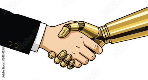 A human hand wearing a black suit jacket shakes hands with a golden, segmented robot hand against a plain white background.