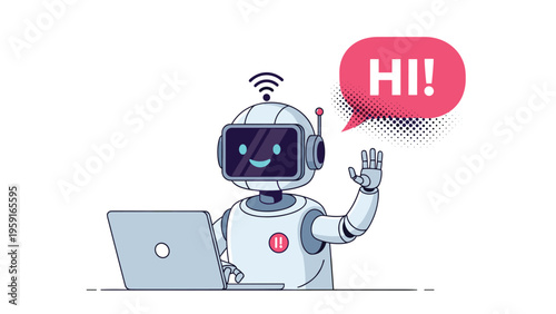 Friendly white robot waving hello while working on a laptop computer represents the future of artificial intelligence and assistance.