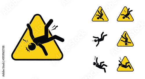 Warning signs depicting falling people and potential hazards
