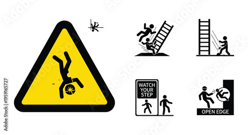 Warning signs depicting falling people and potential hazards