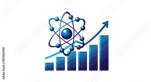 A stylized blue atom model with orbiting electrons is positioned above ascending blue bar graphs and an upward-pointing arrow on a white background.