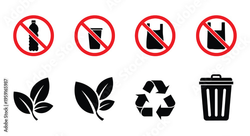 Prohibited items and recycling bins a set of black and white icons