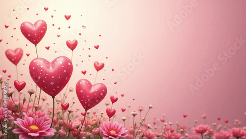 Valentine's Day, heart balloons, pink flowers, love background, romantic vector illustration