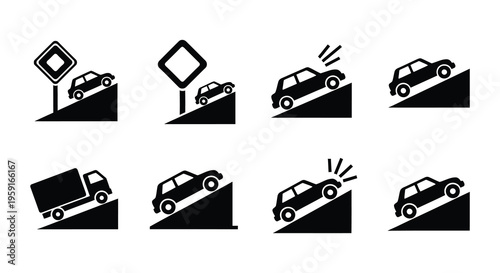 Steep hill warning signs depicting vehicles ascending and descending slopes
