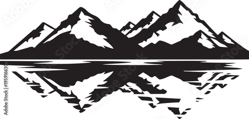 Mountain range silhouette, snow-capped peaks reflection, lake landscape, monochrome vector icon