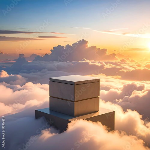 A stack of rectangular blocks floats above fluffy clouds at sunset