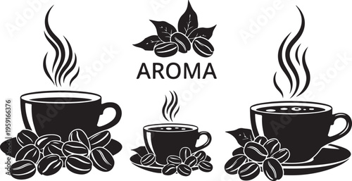 Steaming coffee cups with aroma and coffee beans illustration