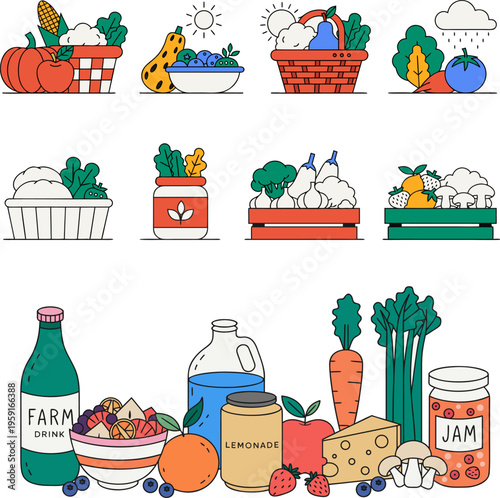 Farm Produce and Grocery Vector Illustration Set — Vegetables, Jam, Lemonade, Cheese and Fresh Market Food