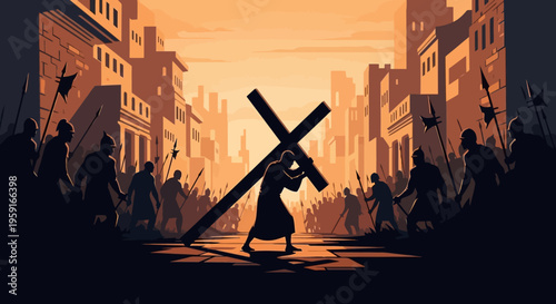 Jesus Christ carrying the cross on the Via Dolorosa.