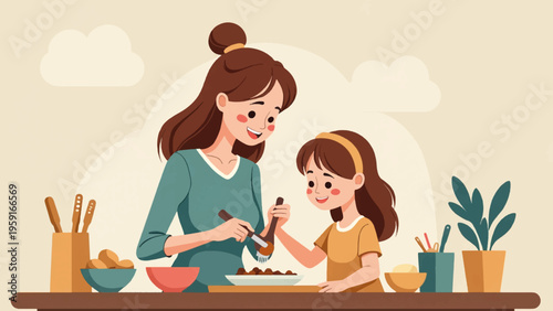 Mother, daughter baking cookies, kitchen scene, family fun, cooking together