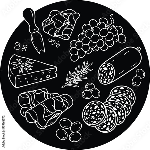 Gourmet food platter top view silhouette vector illustration restaurant design