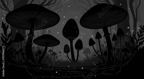 Silhouetted mushrooms in a dark, enchanting forest scene.