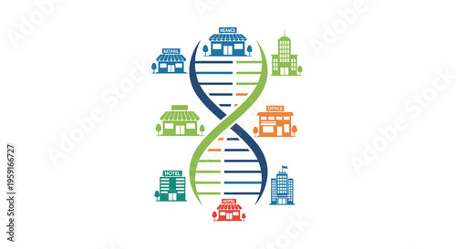 A stylized blue and green DNA helix is surrounded by eight distinct, colorful building icons on a clean white background.
