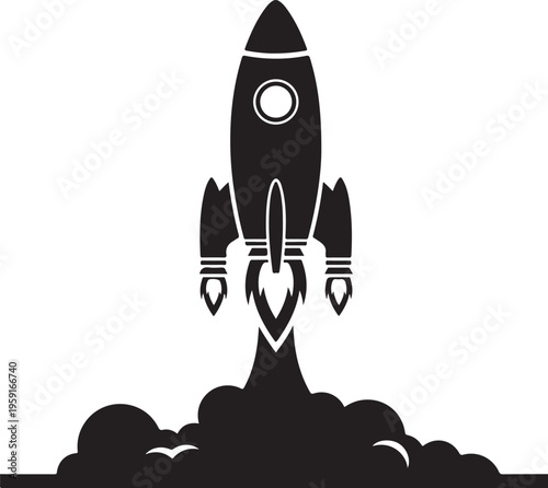 Rocket launch, space shuttle, black icon, vector graphic, launchpad blast off
