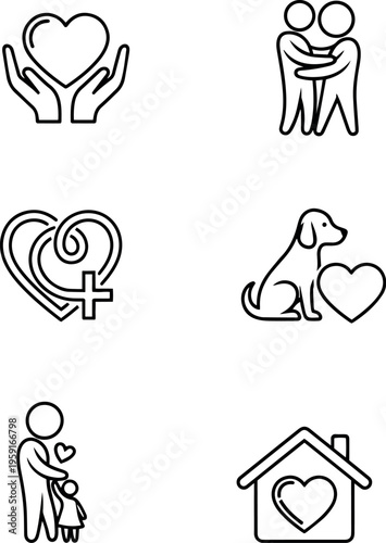 Love and Care Icons Set – Family, Support, Pet, Health & Home Vector Pack