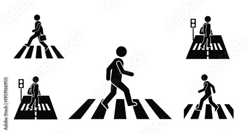 Pedestrians crossing a street at marked crosswalks in a simple illustration