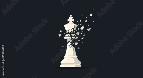 Shattering white king chess piece explodes into fragments on dark background