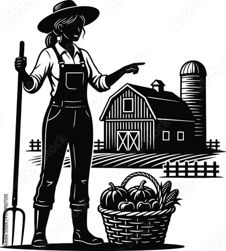 Female farmer barn agriculture silhouette vector illustration rural lifestyle design