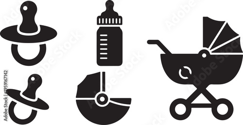Baby Care Items and Stroller Silhouette Icons Set