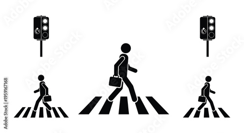Pedestrians crossing a street at marked crosswalks in a simple illustration