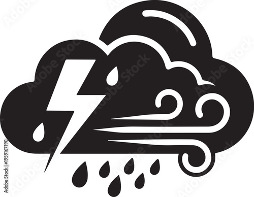 Weather, stormy cloud, rain, lightning bolt, vector icon