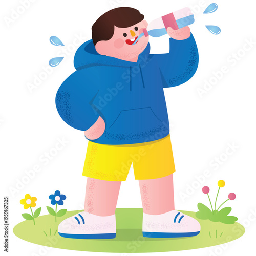 Healthy Lifestyle Illustration. Vector illustration of Person drinking water outside in nature, promoting hydration and healthy daily habits. Isolated on background