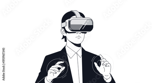 A single male figure, drawn in black and white line art, wears a virtual reality headset and interacts with a virtual interface.
