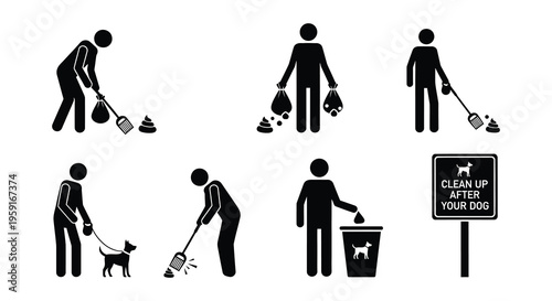 Stick figures depict people cleaning up after dogs in a park