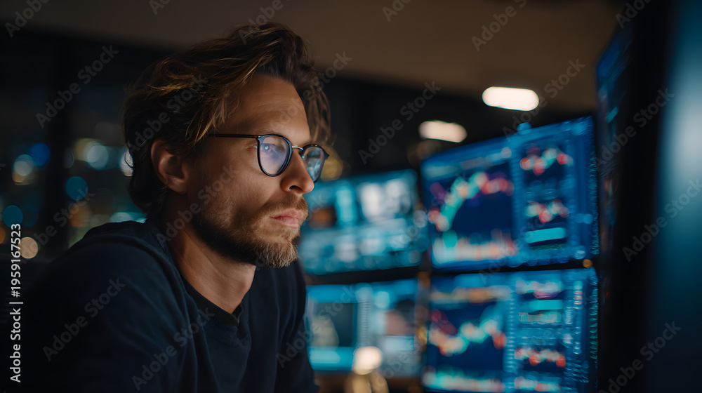 Fototapeta premium A focused young man analyzing financial data on multiple screens in a dark room