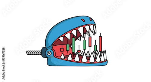 A cartoonish blue alligator head with a wide-open mouth and sharp teeth is depicted consuming red and green candlestick charts on a plain white background.