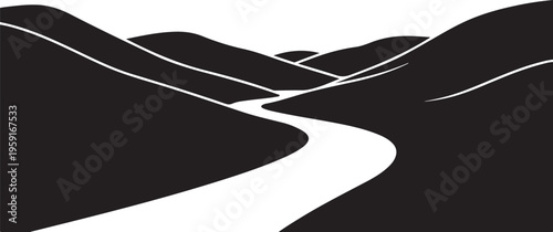Black and white road landscape, vector road scenery, minimalist travel background, simple highway illustration