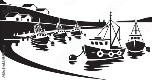Black and white fishing boats, harbor scene, nautical vector, silhouette illustration