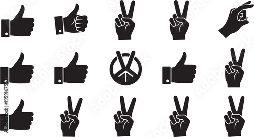 Hand gestures and peace signs in black and white