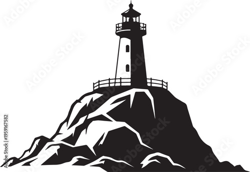 Black lighthouse icon, silhouette lighthouse, rocky cliff illustration, navigation symbol