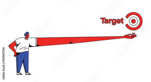 A stylized male figure with an elongated red arm reaches towards a red target icon with the word Target above it.